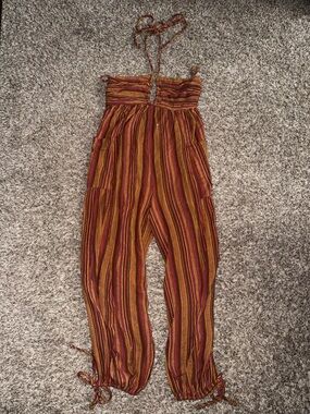 Free People Striped Halter Romper in Rust and Mustard